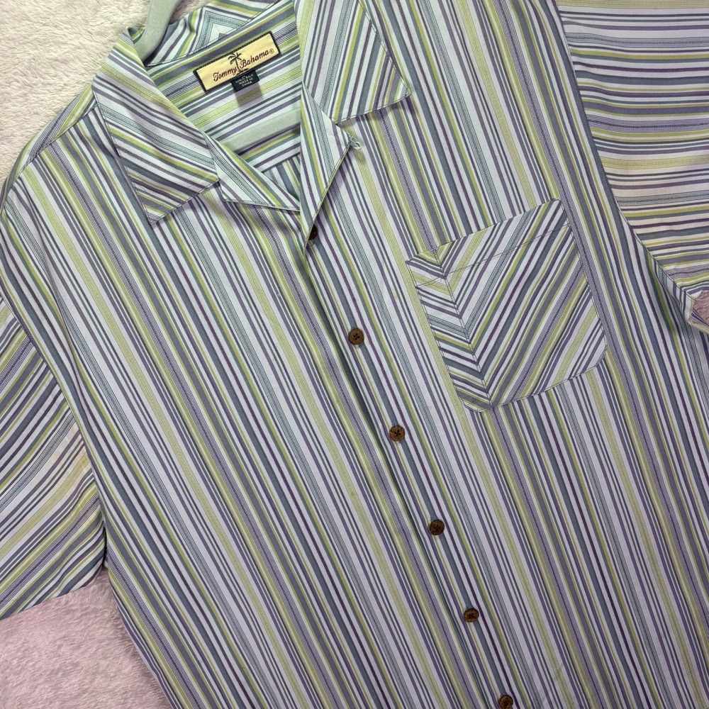 Tommy Bahama Mens Button Front Shirt M Blue Purple Stripe 100%‎ Silk Relax Camp